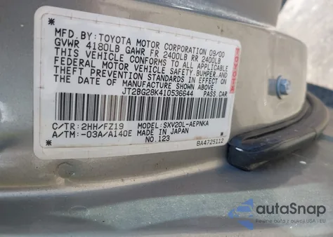 2001 Toyota Camry Le из США, поврежденный, VIN JT2BG28K410536644